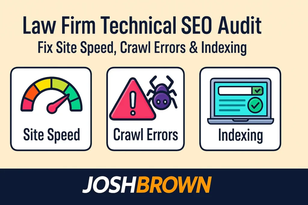 Technical SEO fixes for law firms including speed optimization, crawling, and indexing improvements